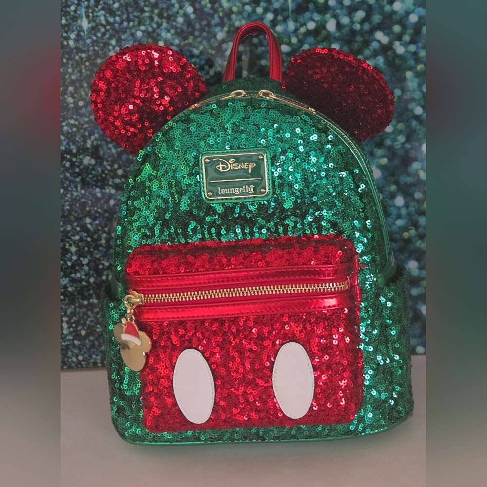 Loungefly Disney 'Tis The Season' Red Green Sequin Mini Backpack NWT